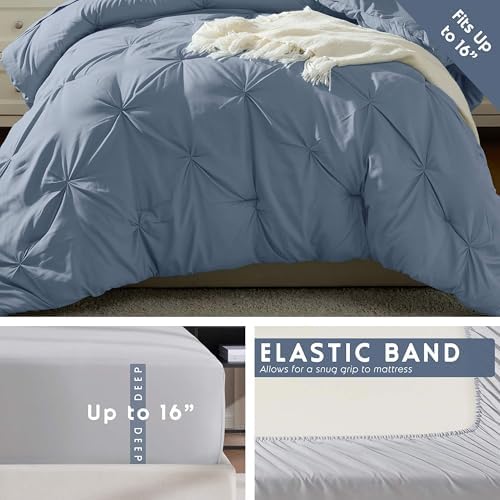 Nestl 7 Piece Twin XL Comforter Set – Stone Blue Pinch Pleated Bed in a Bag – Complete Twin XL Size Bedding Set with Sheets, Set of 2 Cooling Pillows, Pillowcase and Sham