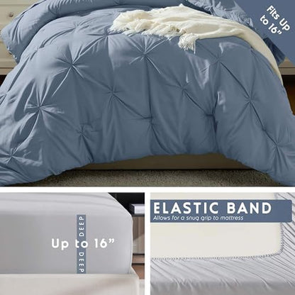 Nestl 7 Piece Twin XL Comforter Set – Stone Blue Pinch Pleated Bed in a Bag – Complete Twin XL Size Bedding Set with Sheets, Set of 2 Cooling Pillows, Pillowcase and Sham
