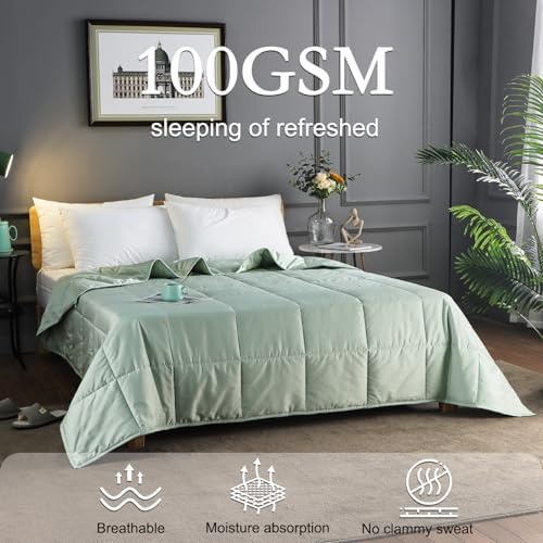 YOUR MOON Summer Lightweight Wool Comforter - Breathable & Thin Duvet Insert for Hot Sleepers, 100% Australian Lamb Wool Filling 100gsm with Pure Cotton Shell-King Size (Green)
