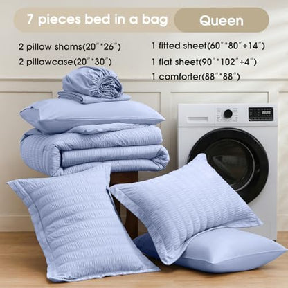 FreshCulture Comforter Set Seersucker 7 Pieces, All Season Bedding Set Queen, Bed in a Bag Comforter Set with 1 Comforter, 1 Flat Sheet, 1 Fitted Sheet, 2 Pillowcases and 2 Pillow Shams, Baby Blue