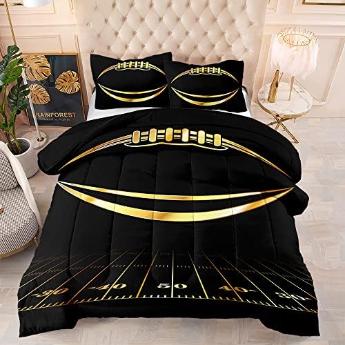 Boys Comforter Set, Twin Size, Football Themed, 3 PCS Including 1 Comforter & 2 Pillowcases, All Season Use, Black and Gold