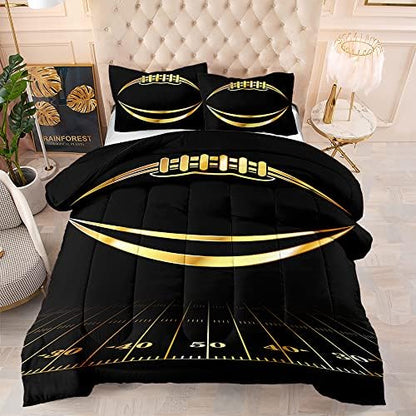 Boys Comforter Set, Twin Size, Football Themed, 3 PCS Including 1 Comforter & 2 Pillowcases, All Season Use, Black and Gold