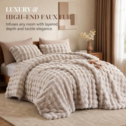 Smoofy Fluffy Faux Rabbit Fur Bubble Comforter King Size - Linen