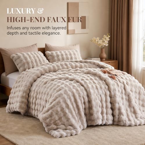 Smoofy Fluffy Faux Rabbit Fur Bubble Comforter Twin Size - Linen