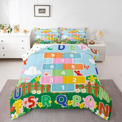 jejeloiu Number Learning Kids Comforter Set Full Size Alphabet ABC Bedding Set Colorful Educational Duvet Quilt for Kids Boys Girls Bedroom Decor Microfiber Ultra Soft Breathable