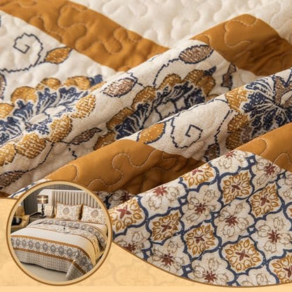 Bohemian Queen Size Quilt Comforter Sets 3 Pieces Quilts (1 Quilt, 2 Pillow Shams) Nordic Bedding Set Printed Coverlet with Pillowcase Lightweight Bedspread Set for All Seasons(Yellow)
