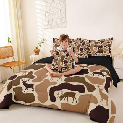 Erosebridal Deer Camo Bedding Set 7 Piece Camouflage Hunting Deer Comforter Set Queen Brown Military Army Camo Bed in A Bag for Kids Adults Country Hunter Wildlife Quilt with Flat Fitted Sheet