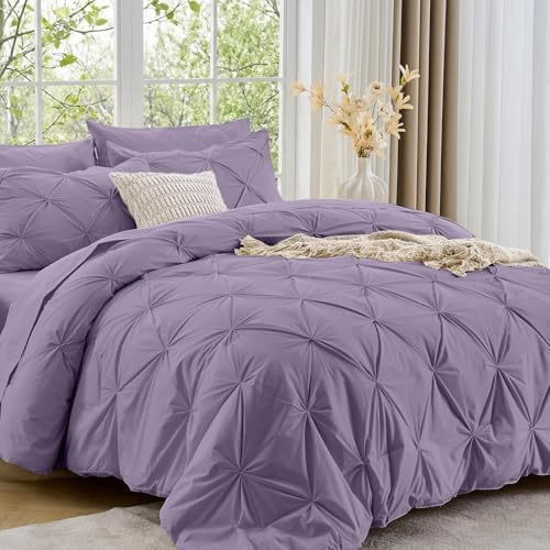 Sasttie California King Comforter Set, 7-Piece Bed in a Bag, Pintuck Bedding Sets for All Season, Includes Comforter, Flat Sheet, Fitted Sheet, Pillowcases and Pillowshams, New Purple