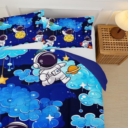Space Theme Comforter Set - King Size Galaxy Bedding Set for Kids, Astronaut King Bedding Sets for Boys, Blue Comforter, Outer Space Bedroom Decor