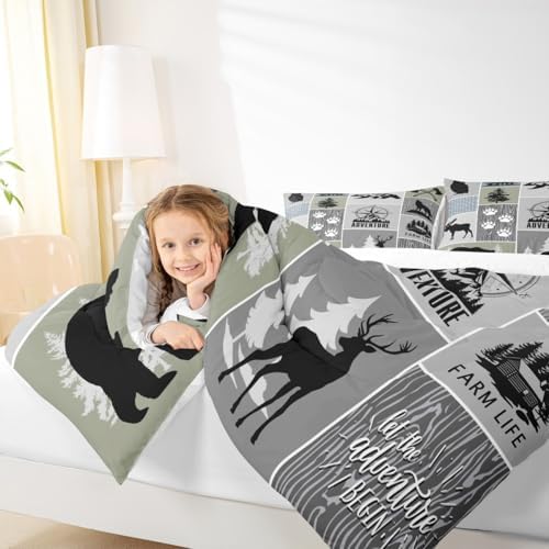Rustic Farmhouse Cabin Kids Comforter Set King Size,Deer Bear Hunting Adventure Bedding Set for Boys Girls Adults Room Decor,Geometric Plaids Down Comforter,Gray Green Duvet Insert,2 Pillowcases