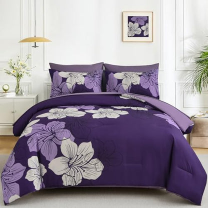 Dark purple Comforter Set Queen Size, 7 Pieces Floral Bed in a Bag