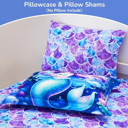 Viviland Kids Bedding Set Twin Size Comforter Sets, Bed in Mermaid Cover Set for Children