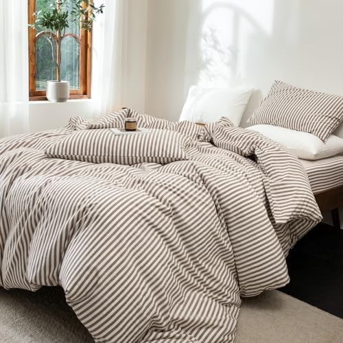 FOSSA Striped Duvet Cover Set 100% Washed Cotton Linen Feel King