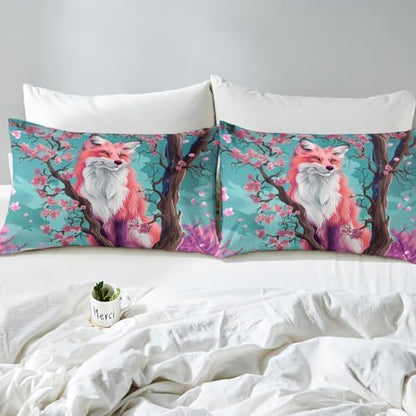 Feelyou Kids Fox Duvet Cover Toddler Cherry Blossoms Bedding Set Boys Girls Japanese Style Comforter Cover Set Cute Kawaii Animal Pattern Sakura Flower Bedspread Cover（No Comforter