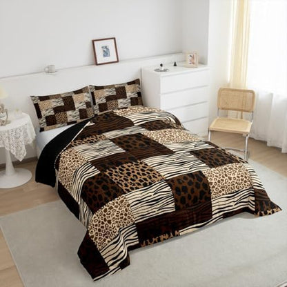 Manfei Black Leopard Comforter Set Full Size,Cheetah Zebra Wildlife Animal Abstract Skin Bedding Set,Girls Boys Room Decor,Geometric Plaids Stripe Dot Quilt Comforter,Brown Duvet Insert,2 Pillowcases