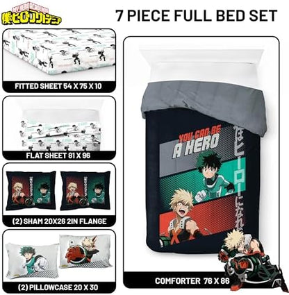 My Hero Academia Deku Full Size Comforter Set 7 Piece Anime Bedding, Black