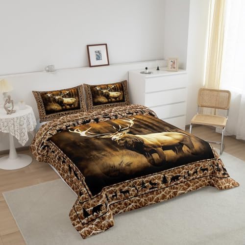 Manfei Deer Comforter Set King Size, Wild Animal Theme Bedding Set 3pcs for Kids Boys Teens Bedroom Decor, Black Elk Bear Wolf Trees Quilt Set Wildlife Hunting Duvet Set with 2 Pillowcases