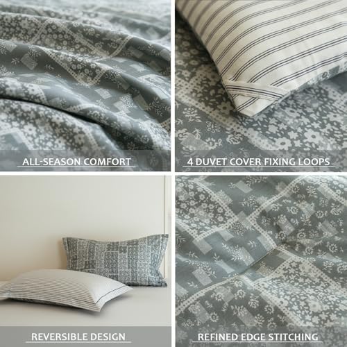 Grey Patchwork Comforter King Size - 100% Cotton Striped Reversible Comforter Set, Soft and Breathable Bedding Set for All Season, 3 Pieces