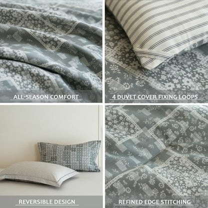Grey Patchwork Comforter King Size - 100% Cotton Striped Reversible Comforter Set, Soft and Breathable Bedding Set for All Season, 3 Pieces