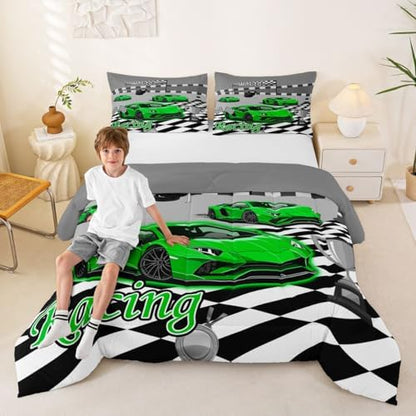 Feelyou Boys Race Car Kids Comforter Set King Size Speed Sports Car Bedding Set Racing Extreme Sports Duvet Quilt for Kids Boys Girls Bedroom Green Automobile Decor Microfiber Ultra Soft Breathable