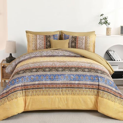 Cottolester Boho Full Comforter Set,Yellow Bohemian Striped Bed in a Bag