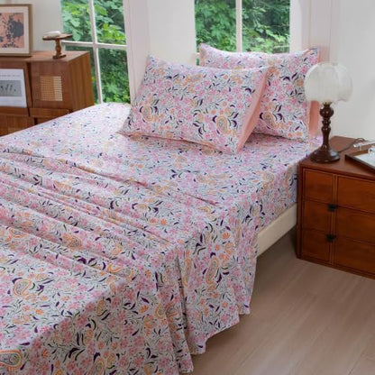 FADFAY Twin XL Sheets Set 4 Piece Pink Paisley College Bedding 100% Egyptian Cotton Dorm Room Bedding, Soft Cooling Breathable Dorm Sheets Extra Long with Deep Pocket Luxury Hotel Quality All Seasons