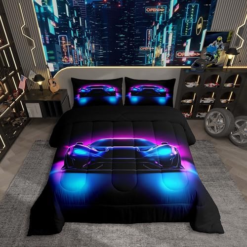 Boys Sports Car Comforter,Cool Blue Purple Race Car Bedding Set Twin Size for Kids Boys Girls Teens,3D Racing Cars Bedding Comforter Sets,Extreme Sports Theme Quilt Racing Games Race Cars Room Decor