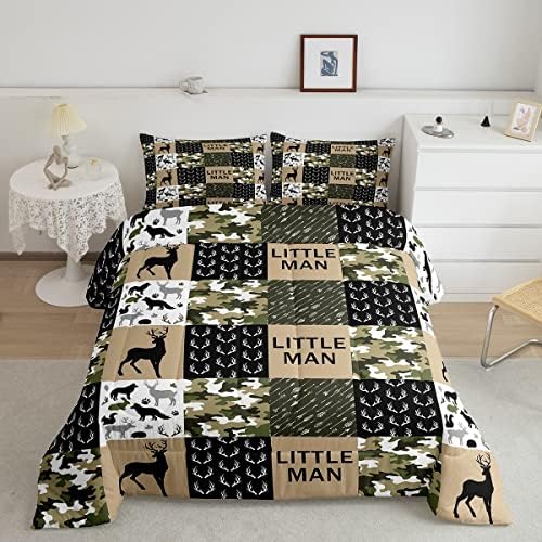 Manfei Deer Antlers Animals Silhouette Comforter Set Queen,Camo Geometric Checks Bedding Set 3pcs for Kids Adults Room Decor,Nordic Boho Arrow Quilt Set,Vintage Green Duvet Insert with 2 Pillowcases