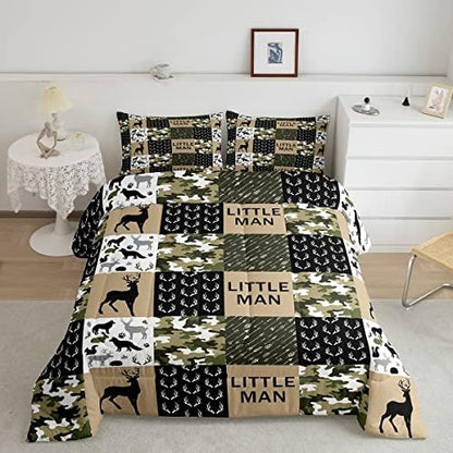 Manfei Deer Antlers Animals Silhouette Comforter Set Queen,Camo Geometric Checks Bedding Set 3pcs for Kids Adults Room Decor,Nordic Boho Arrow Quilt Set,Vintage Green Duvet Insert with 2 Pillowcases