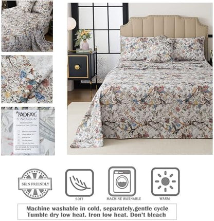 FADFAY Sheets Set Twin Botanical Bird Floral Bed Sheets Set Vintage Mocha Mousse Farmhouse Bedding Shabby Branches Bedding 100% Egyptian Cotton Breathable Soft 17.7" Deep Pocket 4Pcs, Twin Size
