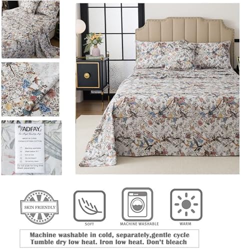 FADFAY Sheets Set Cal King Shabby Botanical Bird Floral Bed Sheets Vintage Mocha Mousse Branches Bedding Collections 100% Egyptian Cotton Breathable Soft 17.7" Deep Pocket 4Pcs, California King Size