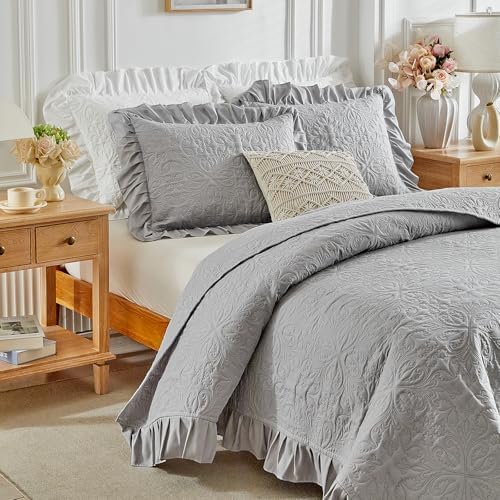 Ruffles Quilt Set Twin Size 68 * 86in - 2 Pieces Solid Shabby Chic Farmhouse Ruffled Bedding Rustic Coverlet Lightweight Fluffy Summer Oversized Bedspread with Shams for Women Men Gray
