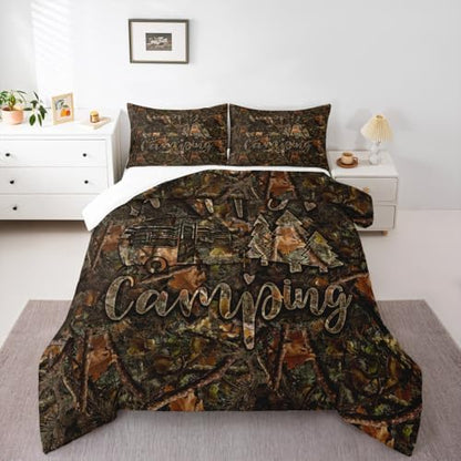 Manfei Camo Camping Kids Comforter Set King Size,Camper Travel Bedding Set,Rustic Dead Branch Down Comforter,Brown Farmhouse Duvet Insert,3pcs,2 Pillowcases,Adults Home Bedroom/RV Trailer Decor