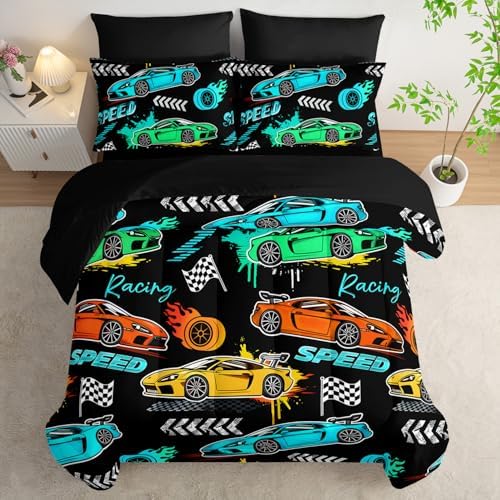 HOSIMA 7Pcs Black Cartoon Sports Race Car King Comforter Set with Sheets.