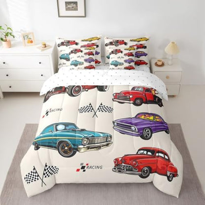Feelyou Vintage Car Bedding Set 7 Piece Full Size Retro Truck Comforter Set with Sheets for Boys Girls Colorful Race Car Bed in a Bag Room Decor Breathable Soft