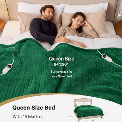 Heated Electric Blanket Queen Size, Dual Control, 84" x 90", Moss