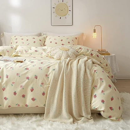 LifeTB Cute Strawberry Duvet Cover Twin Kids Girls Strawberry Bedding Set Kawaii Kids Duvet Cover Soft 100% Cotton Fruit Bedding Cover Boy Teen Cute Comforter Cover with 2 Pillowcases, Cream White
