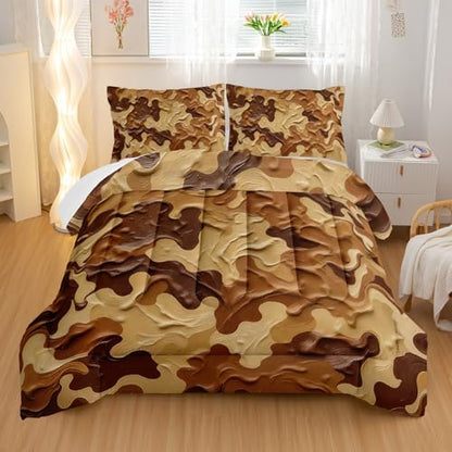 Nttopship Camouflage Bedding Set,Brown Camouflage Pattern Style Full Comforter Set for Adult Teens Camo Bed in A Bag 3 Pieces,Camo Pattern Room Decor with Comforter and 2 Pillow Case