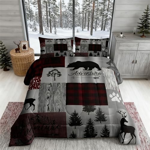 Deer Bear Comforter Set Queen,Vintage Rustic Farmhouse Quilt Set Brown Red Geometric Plaid Patchwork Bedding Set for Kids Teens Adults Room Decor,Pine Animals Plants Duvet Insert,2 Pillowcases