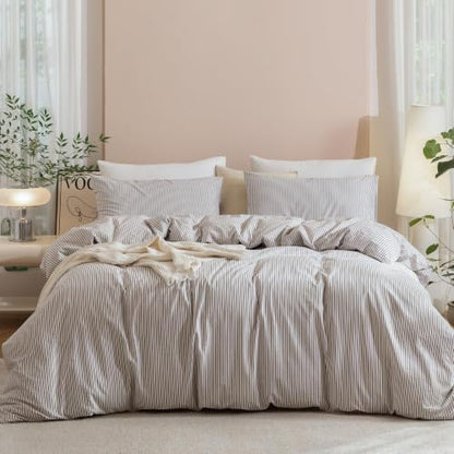 JIYUAN Oversized King Washed Cotton Duvet Cover Set, Linen-Like Pinstripe