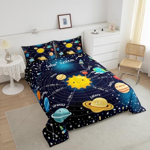 Erosebridal Outer Space Comforter Set Starry Sky Bedding Set King Size for Kids Boys Girls Room Galaxy Planet Space Duvet Sets Solar System Cartoon Down Comforter 3 Pieces with 2 Pillow Cases, Blue