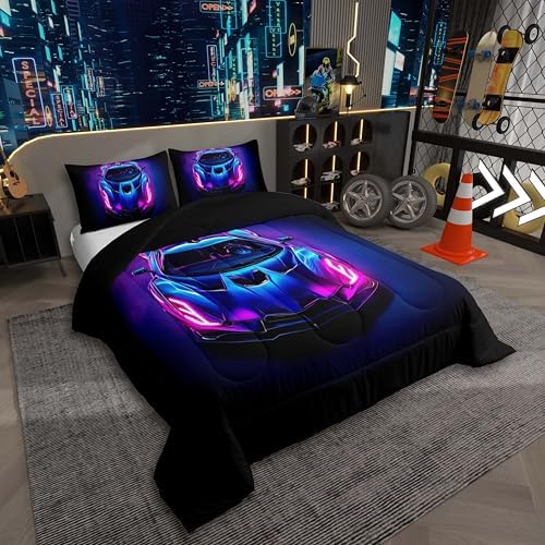 Kids Boys Sports Car Comforter Set Full Size Purple Blue Race Car Bedding Sets for Kids Teens Room Decor Extreme Sports Theme Comforter Cool Speed Luxury Car Decor Quilt Set Soft for All Season