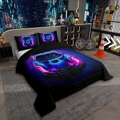 Kids Boys Sports Car Comforter Set Full Size Purple Blue Race Car Bedding Sets for Kids Teens Room Decor Extreme Sports Theme Comforter Cool Speed Luxury Car Decor Quilt Set Soft for All Season