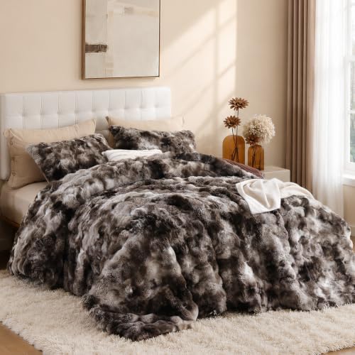 YIKUSH Twin Faux Fur Soft Comforter Set, Fluffy Bedding Set, Tiedye Coffee