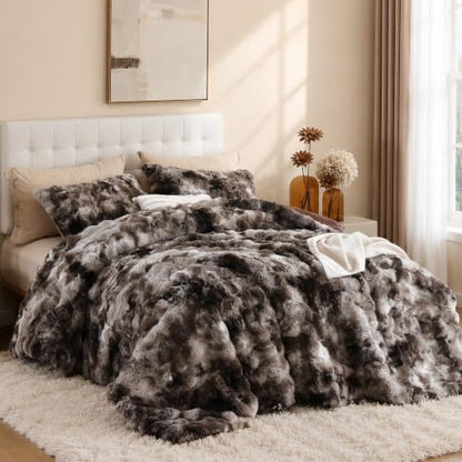 YIKUSH Twin Faux Fur Soft Comforter Set, Fluffy Bedding Set, Tiedye Coffee