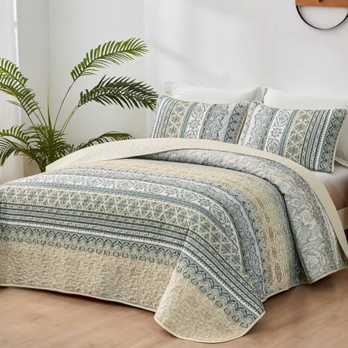WONGS BEDDING Boho Quilt Queen Size,3 Pcs Beige Bedspread Bedding Set