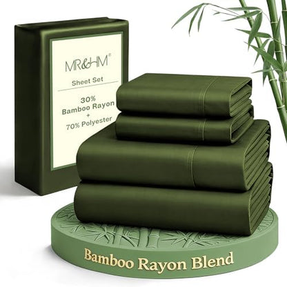 MR&HM Twin XL Sheets 3 Pieces, Rayon Derived from Bamboo Blend, Olive Green