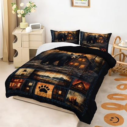 Black Bear Comforter Set Full Size for Boys Kids,Rustic Theme Woodland Cabin Lodge Bear Hunting Bedding Set,Soft Microfiber Wildlife Forest Animals Print Quilt Set