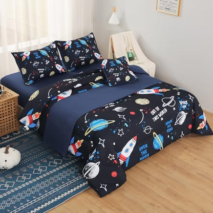 JQinHome Queen Space Comforter Set for Kids,6 Piece Bed in A Bag Galaxy Space Rocket Planets Bedding Set for Teens Boys Girls(1 Comforter,2 Pillowcases,1 Flat Sheet,1 Fitted Sheet,1 Cushion Cover)