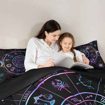 Castle Fairy Sun and Moon Comforter Set Twin Size,Starry Galaxy Zodiac Constellation Bedding Set 2Pcs for Kids Boys Girls Room Decor,Neon Blue Purple Quilt Set Hippie Boho Duvet Insert,1 Pillowcase
